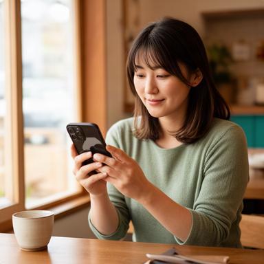 仙北市のカフェでスマートフォンの投稿画面を確認する女性講師