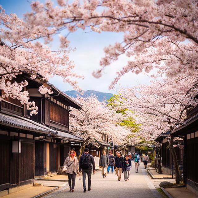 秋田の角館武家屋敷と桜を歩く観光客、地域の魅力を伝える風景