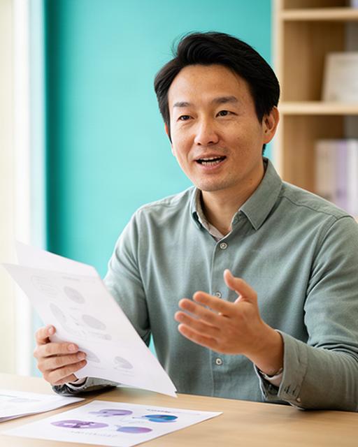 秋田の明るいオフィスで資料を手に説明する中小企業診断士の講師
