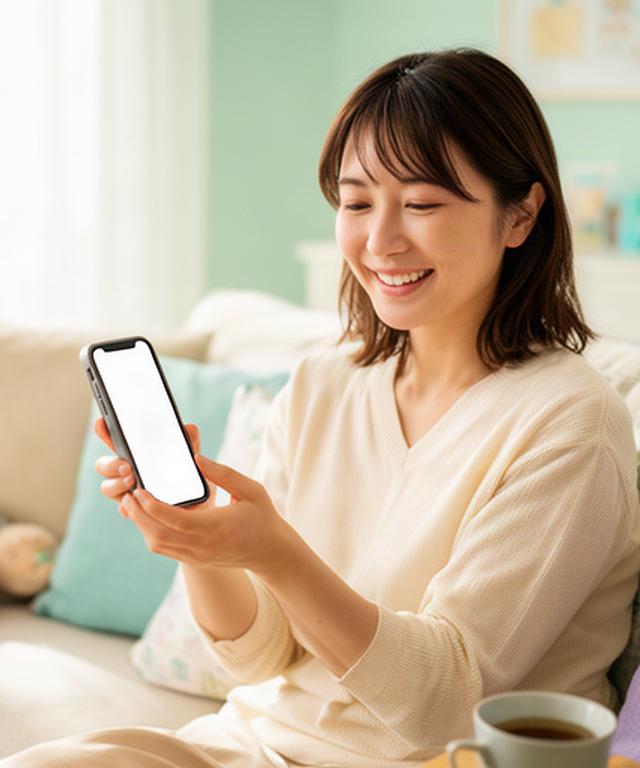 明るいリビングでスマートフォンを手にInstagramを運用する子育て中の女性