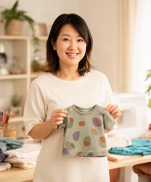 秋田の明るい作業部屋で子供服を手にする2児の母のInstagram講師
